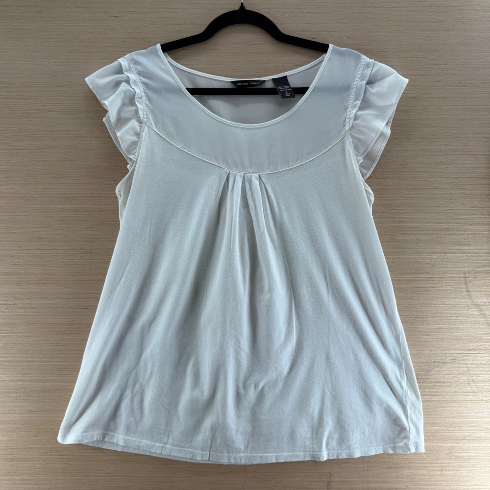 New York & Company White Ruffle Mixed Media Cap Sleeve Blouse Large Scoop Neck